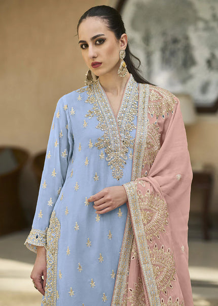 Blue and Pink Embroidered Palazzo Suit