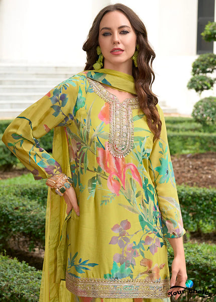 Green Embroidered Palazzo Suit