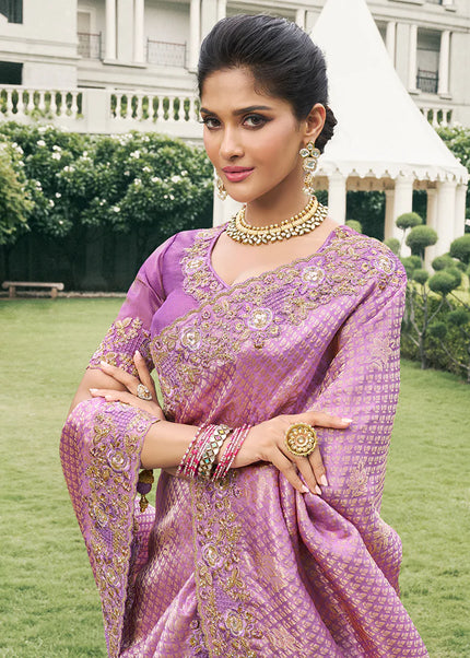 Lavender Embroidered Wedding Saree