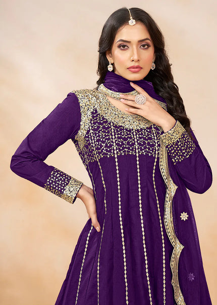 Purple Embroidered Tulip Pant Style Suit