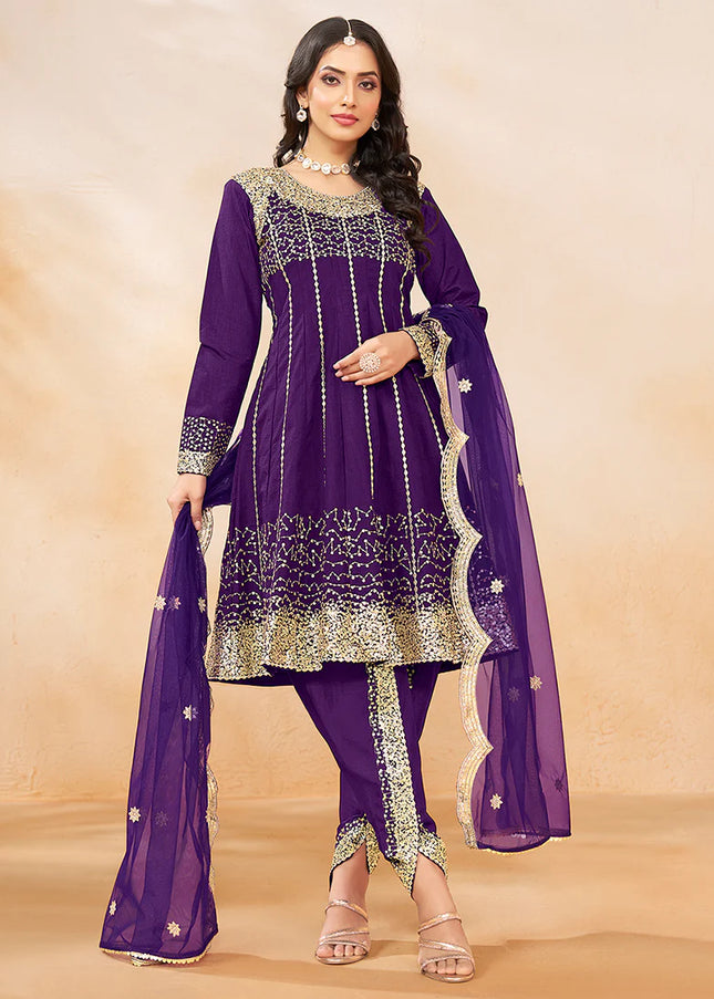 Purple Embroidered Tulip Pant Style Suit