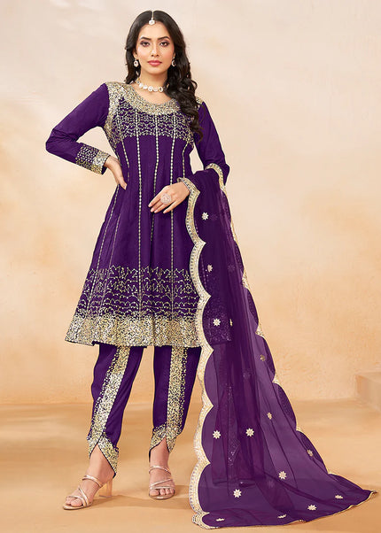 Purple Embroidered Tulip Pant Style Suit