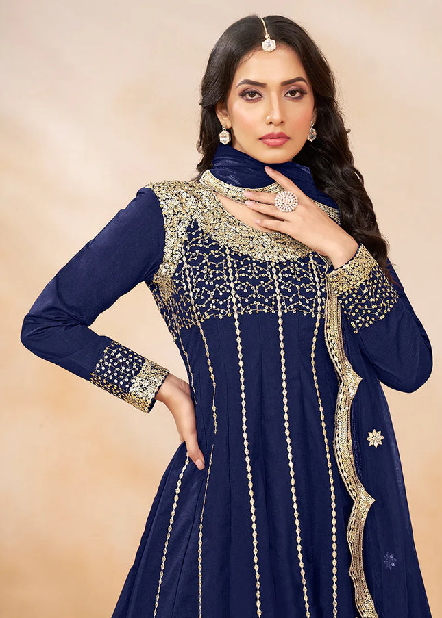 Blue Embroidered Tulip Pant Style Suit