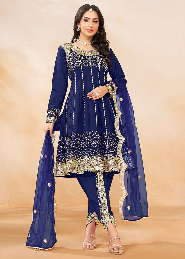 Blue Embroidered Tulip Pant Style Suit