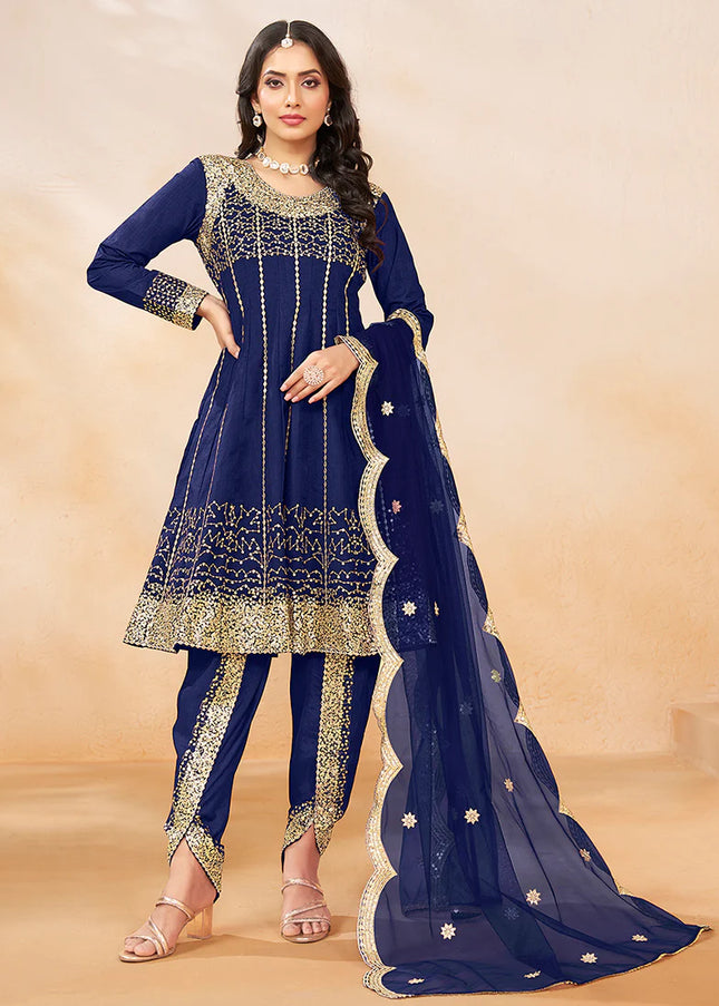 Blue Embroidered Tulip Pant Style Suit