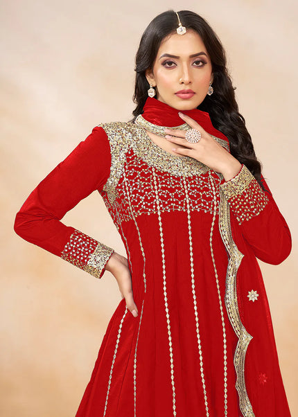 Red Embroidered Tulip Pant Style Suit