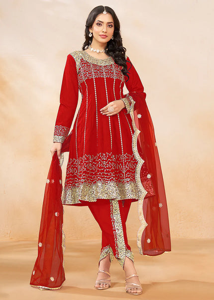 Red Embroidered Tulip Pant Style Suit