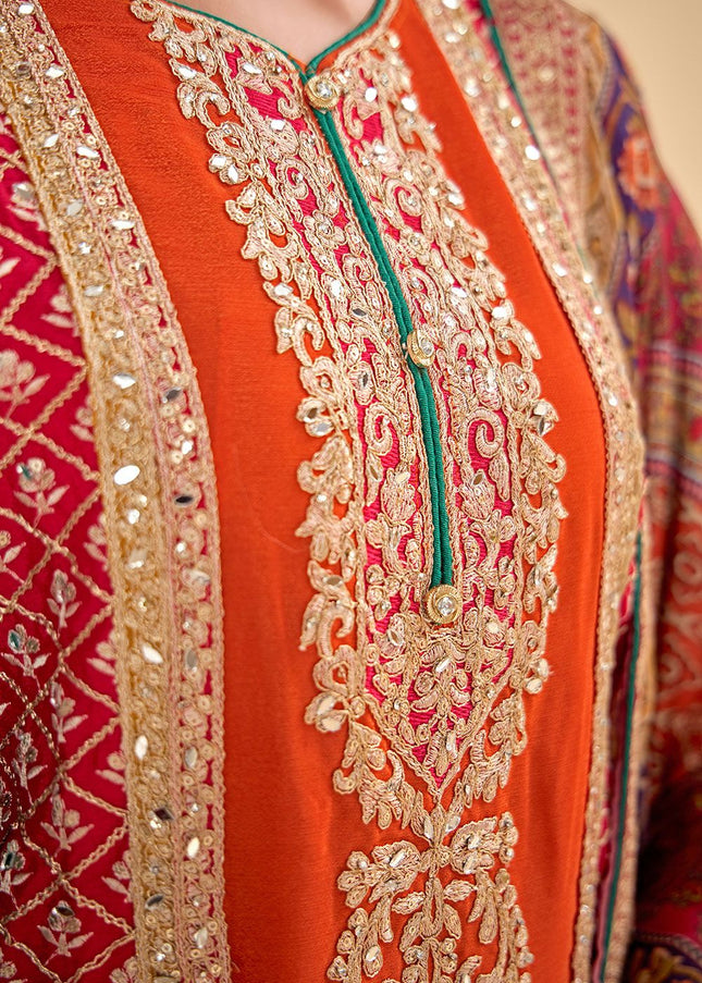 Orange Multicolor Embroidered Gharara Suit