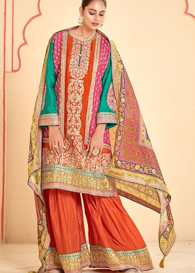 Orange Multicolor Embroidered Gharara Suit