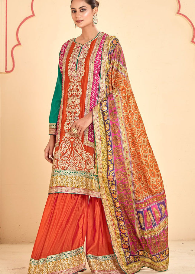 Orange Multicolor Embroidered Gharara Suit
