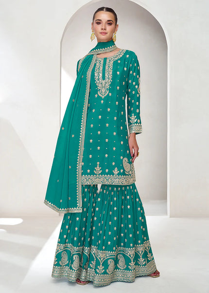 Turquoise Embroidered Gharara Suit