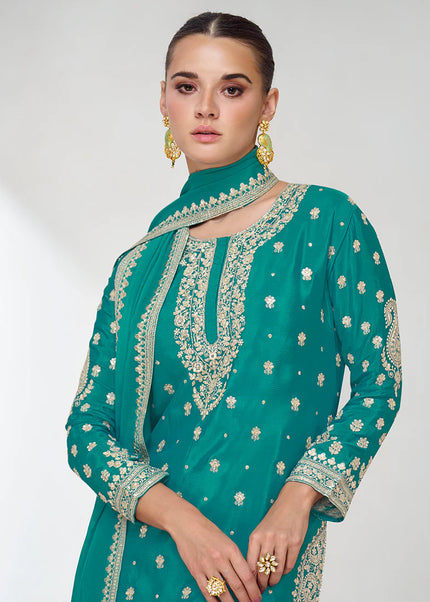 Turquoise Embroidered Gharara Suit