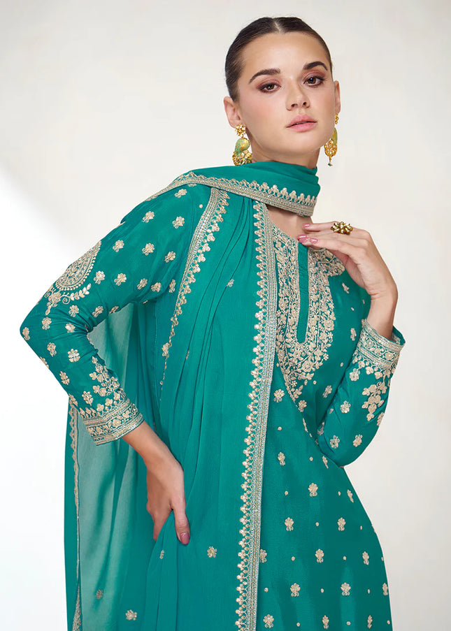 Turquoise Embroidered Gharara Suit