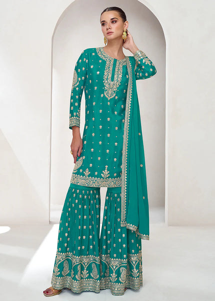 Turquoise Embroidered Gharara Suit