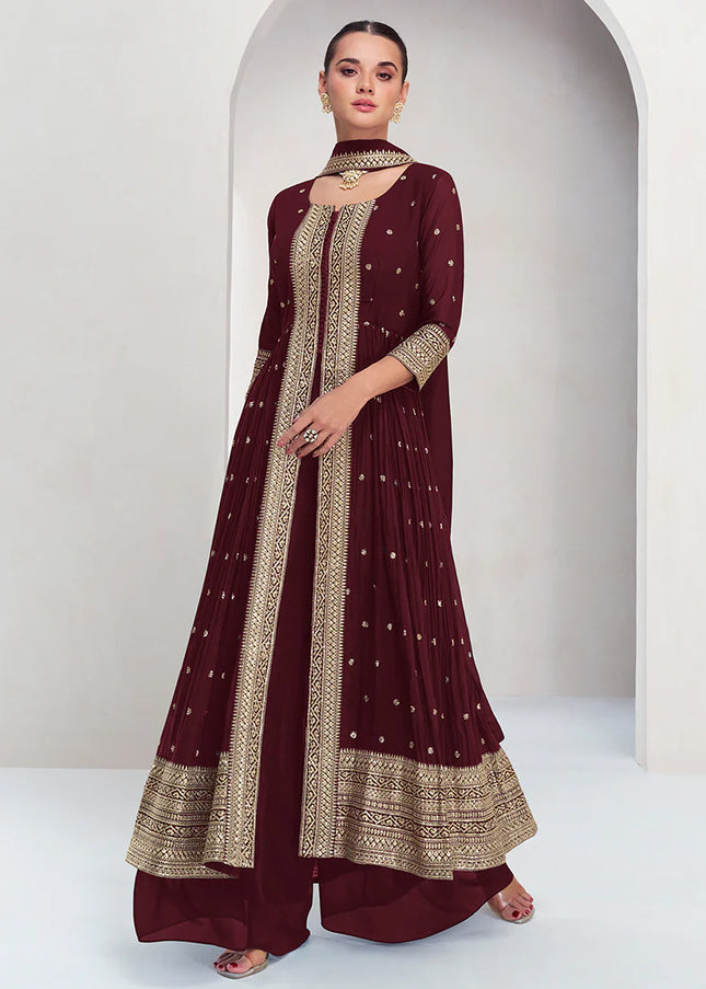 Maroon Embroidered Jacket Style Suit