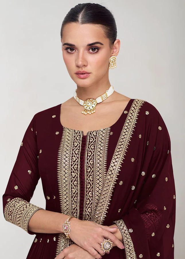 Maroon Embroidered Jacket Style Suit