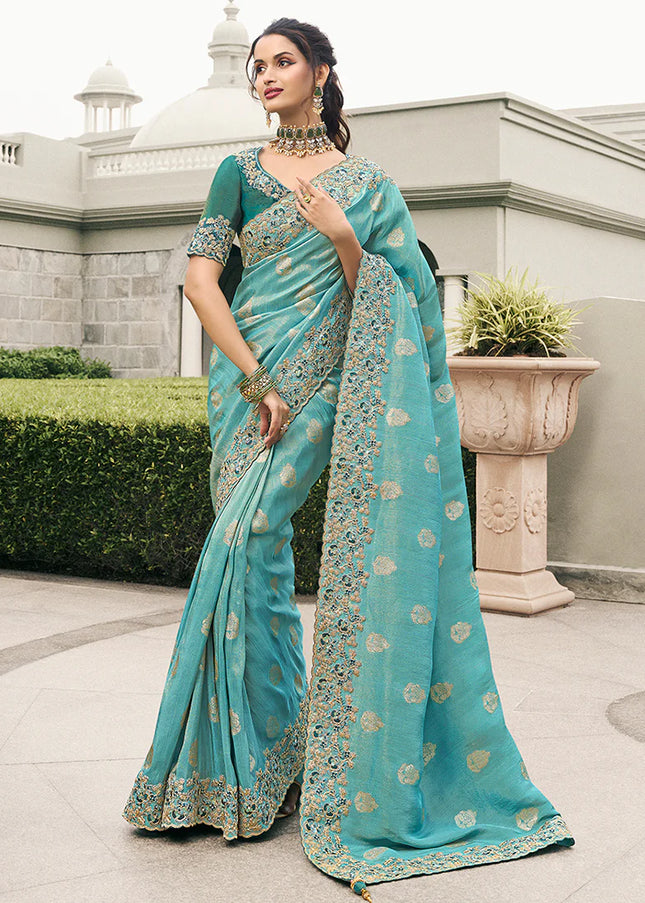 Sky Blue Embroidered Wedding Saree