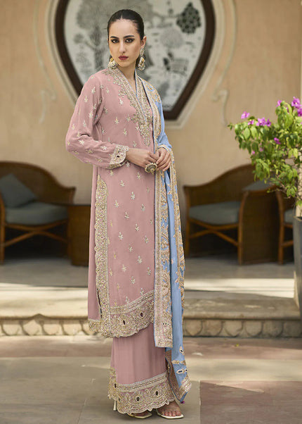 Pink and Blue Embroidered Palazzo Suit