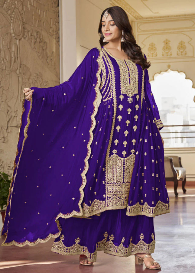Violet Blue Multi Embroidered Sharara Suit