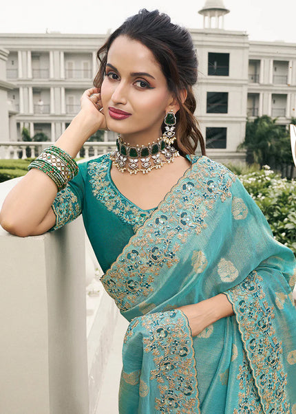 Sky Blue Embroidered Wedding Saree