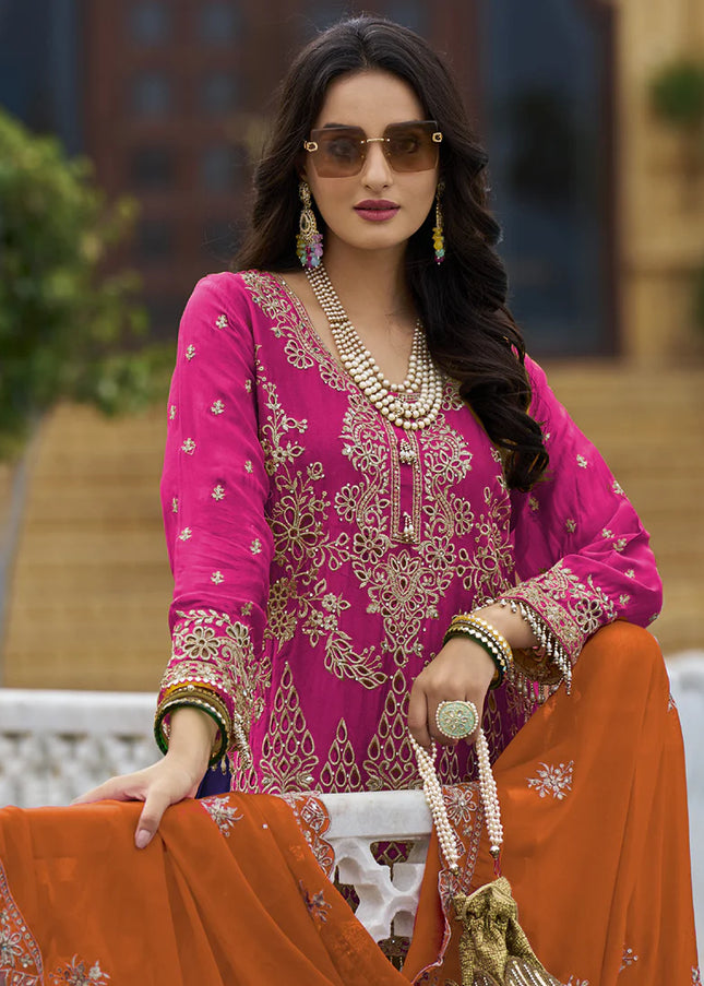 Pink Embroidered Palazzo Suit