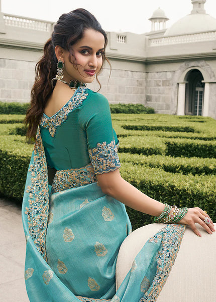 Sky Blue Embroidered Wedding Saree