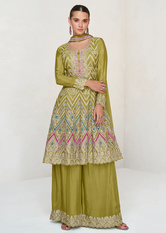 Green Embroidered Sharara  Suit