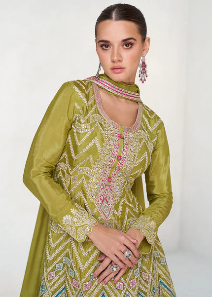 Green Embroidered Sharara  Suit