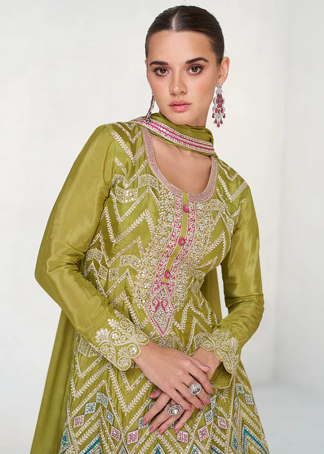 Green Embroidered Sharara  Suit