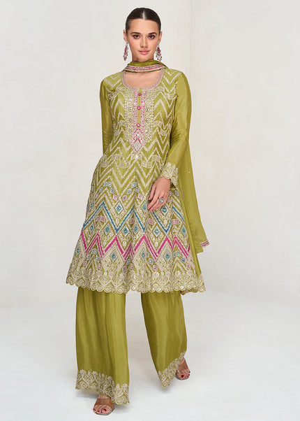 Green Embroidered Sharara  Suit