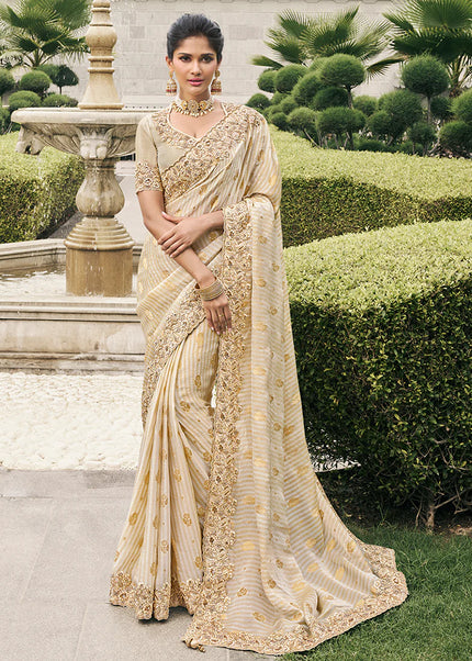 Cream Embroidered Wedding Saree