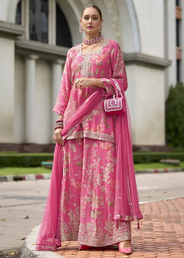 Pink Embroidered Palazzo Suit