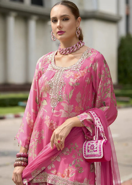 Pink Embroidered Palazzo Suit