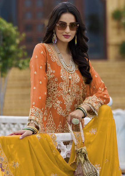 Orange Embroidered Palazzo Suit