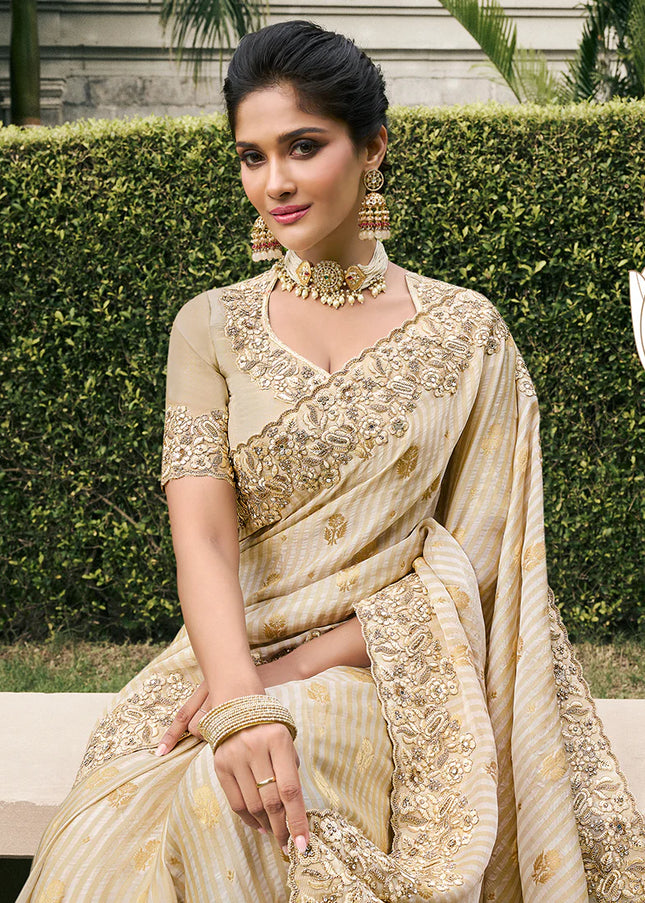 Cream Embroidered Wedding Saree