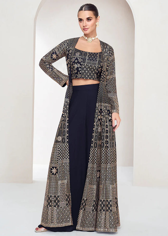 Navy Blue Embroidered Jacket Style Sharara Suit