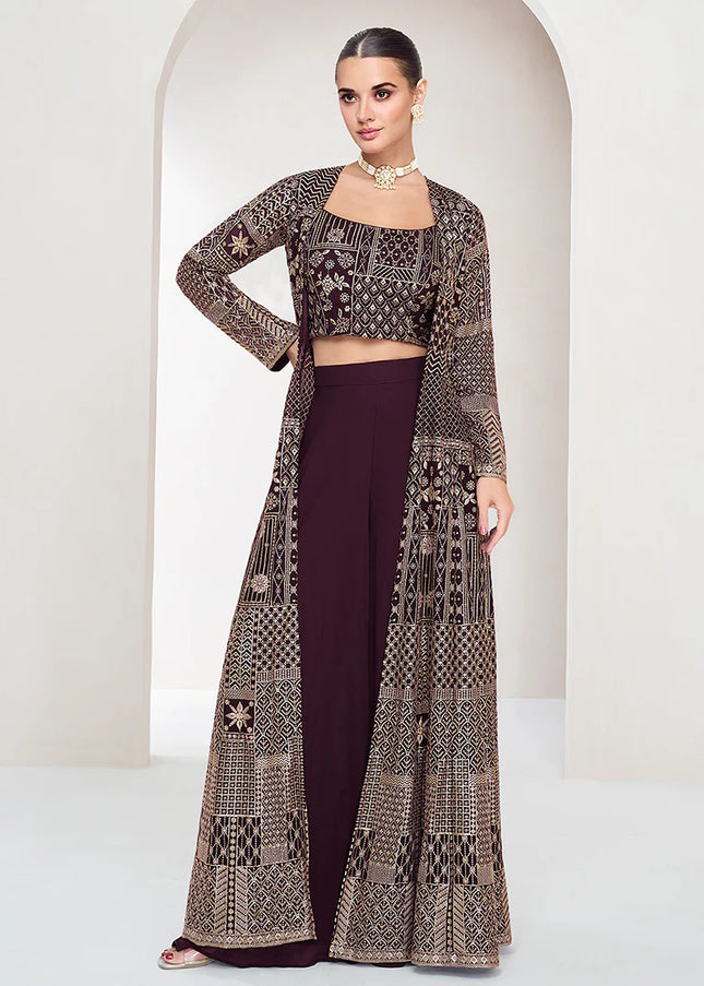 Wine Embroidered Jacket Style Sharara Suit