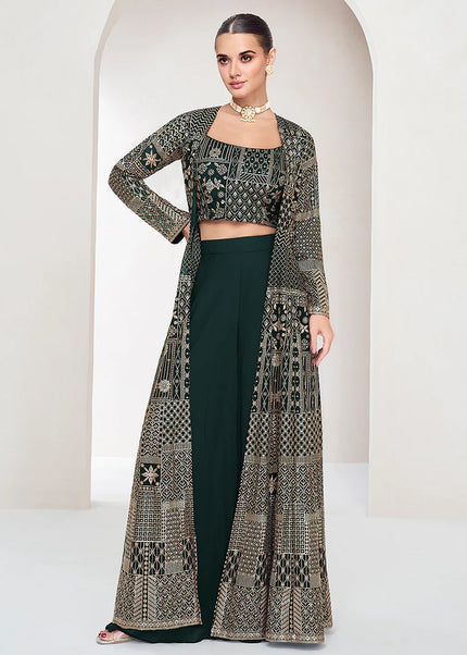 Green Embroidered Jacket Style Sharara Suit