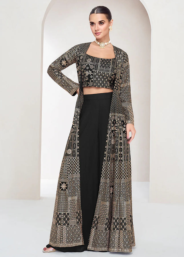 Black Embroidered Jacket Style Sharara Suit