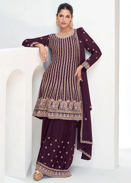 Maroon Embroidered Sharara Suit