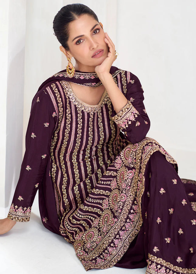 Maroon Embroidered Sharara Suit