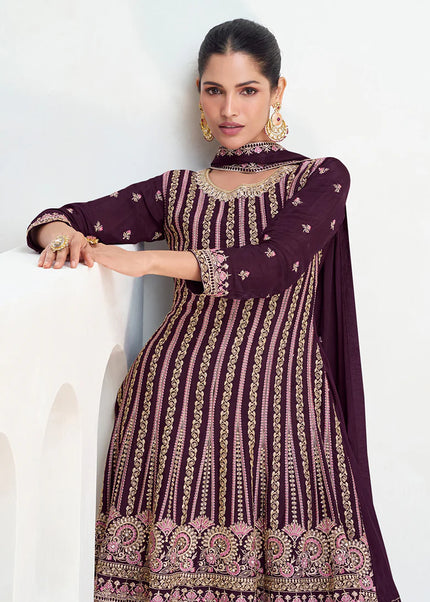 Maroon Embroidered Sharara Suit