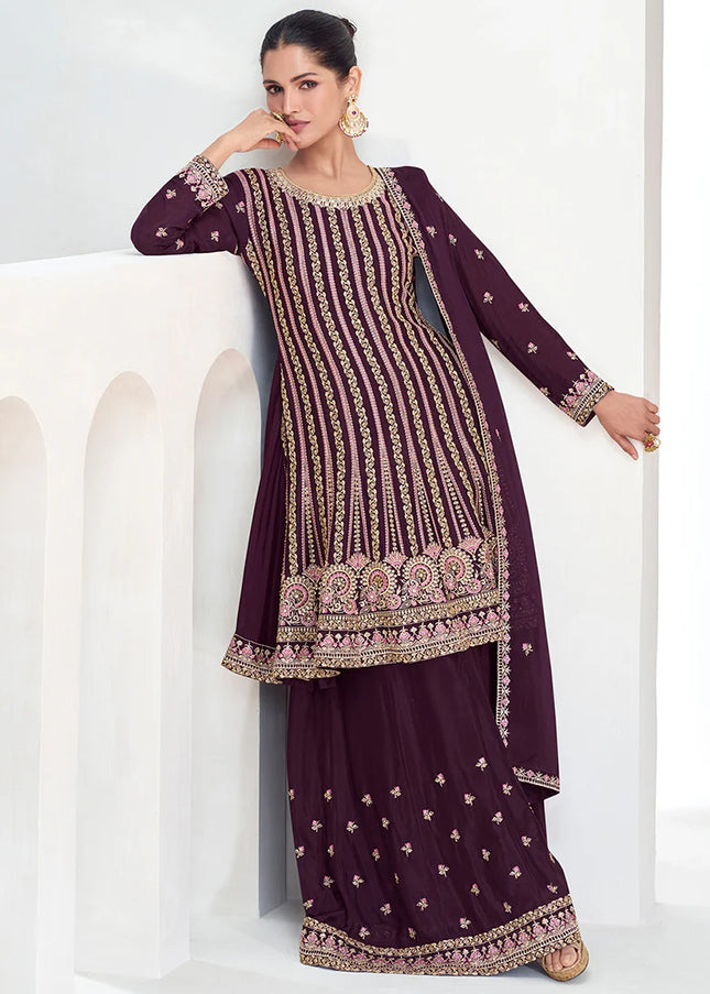 Maroon Embroidered Sharara Suit