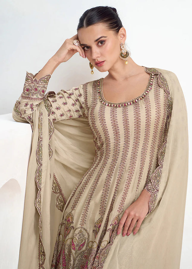 Cream Embroidered Gharara Suit