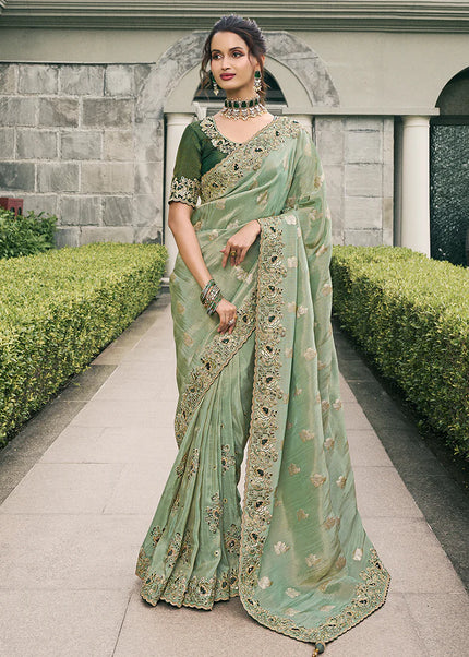 Sea Green Embroidered Wedding Saree