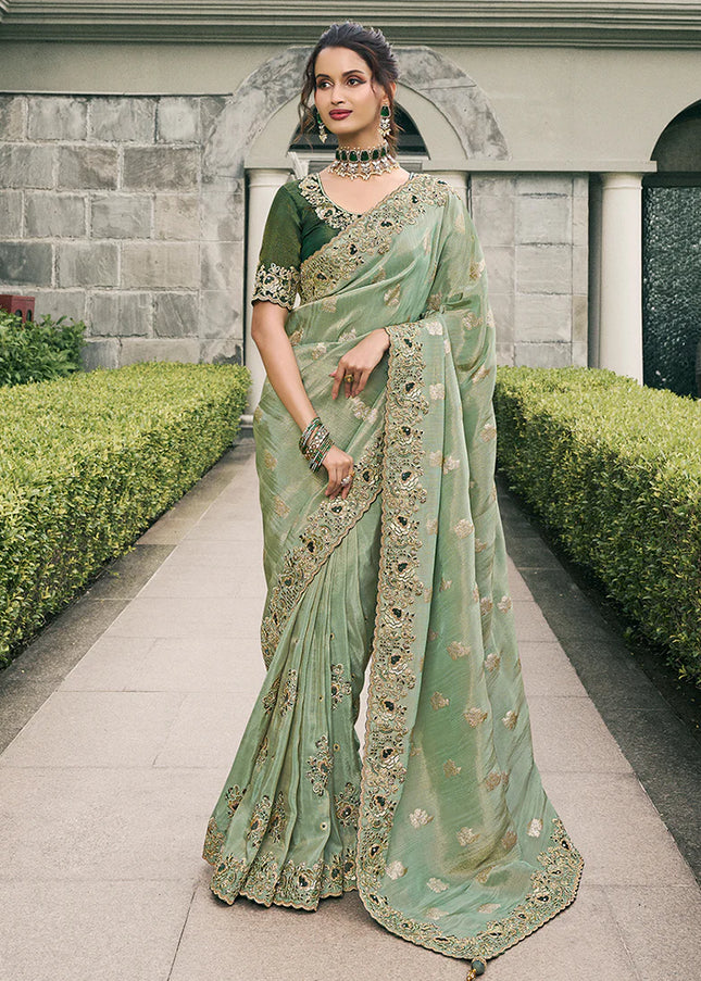 Sea Green Embroidered Wedding Saree