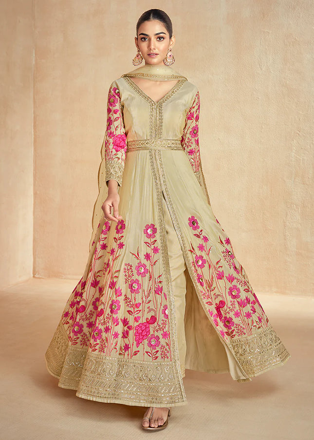 Beige Embroidered Pant Style Anarkali