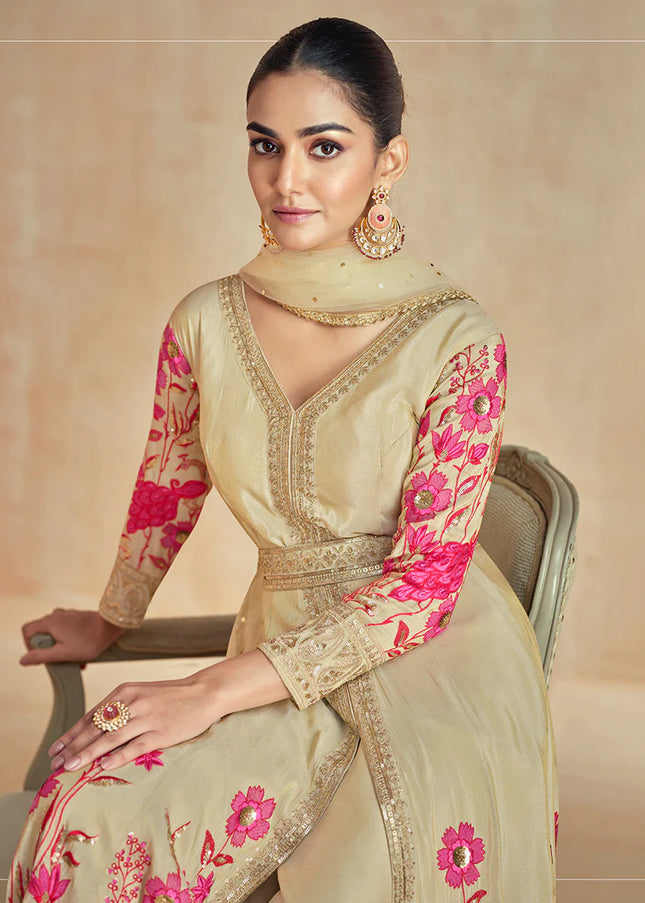 Beige Embroidered Pant Style Anarkali