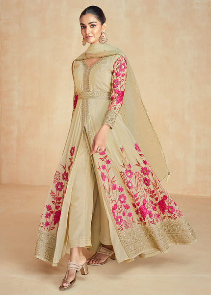 Beige Embroidered Pant Style Anarkali