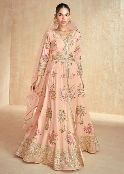 Peach Embroidered Pant Style Anarkali